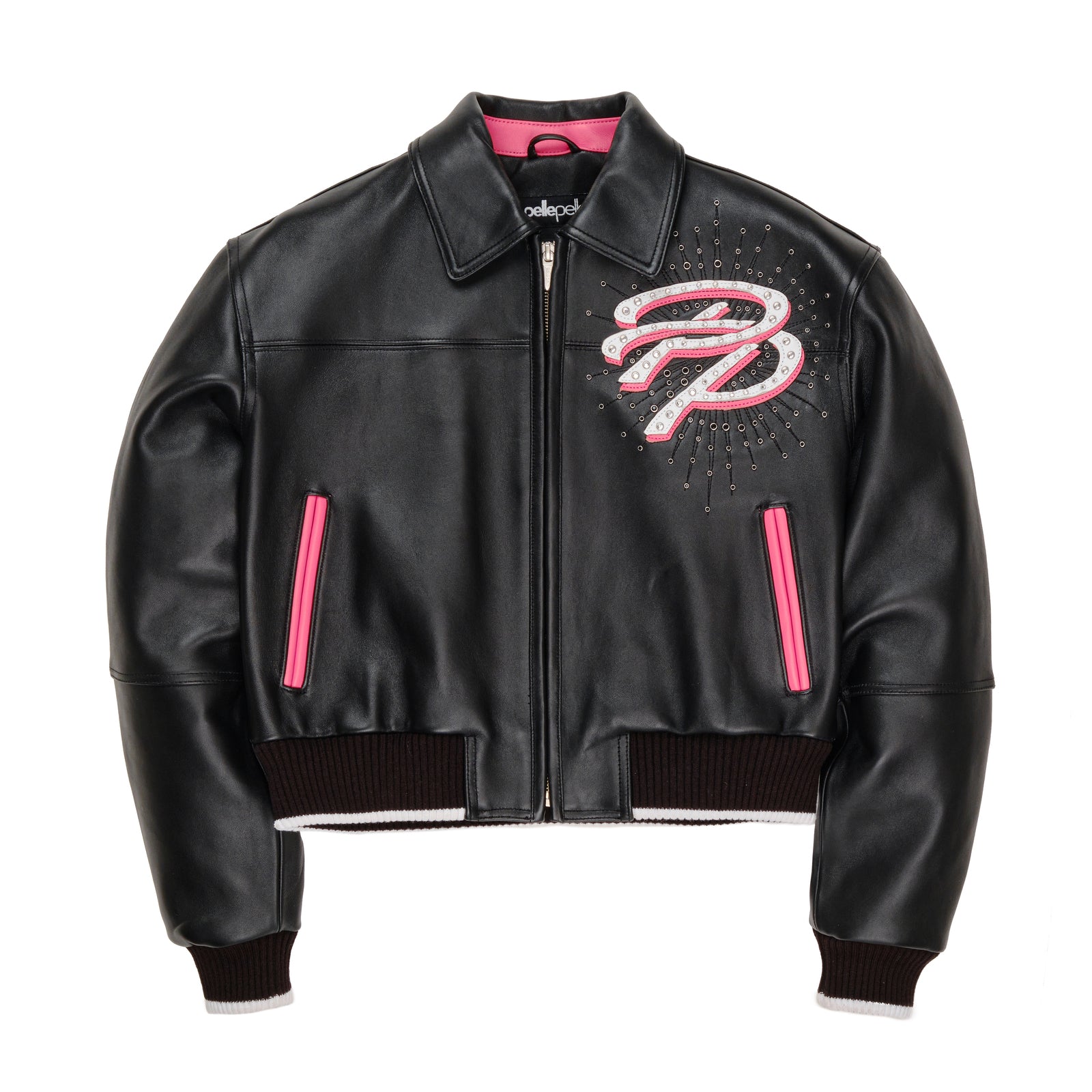 WOMEN'S BLACK PELLE PELLE COWHIDE LEATHER JACKET WITH PINK ACCENTS - PREMIUM DESIGNER STREETWEAR