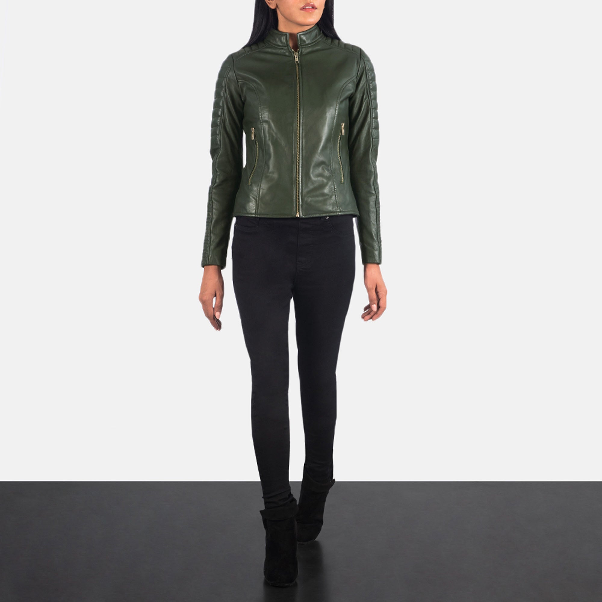 ADALYN QUILTED GREEN LEATHER BIKER JACKET